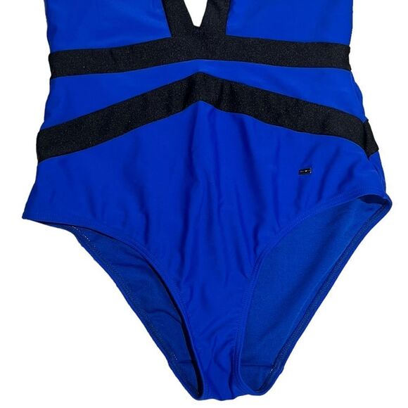 Ted Baker London Ralinda Blue Black Halter V Neck One Piece Swimsuit  sz 3/US 8 - Picture 6 of 12